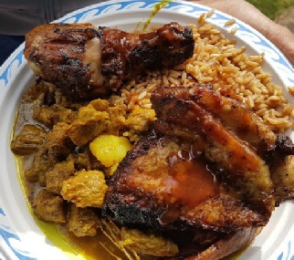 Image of various caribbean foods on one plate